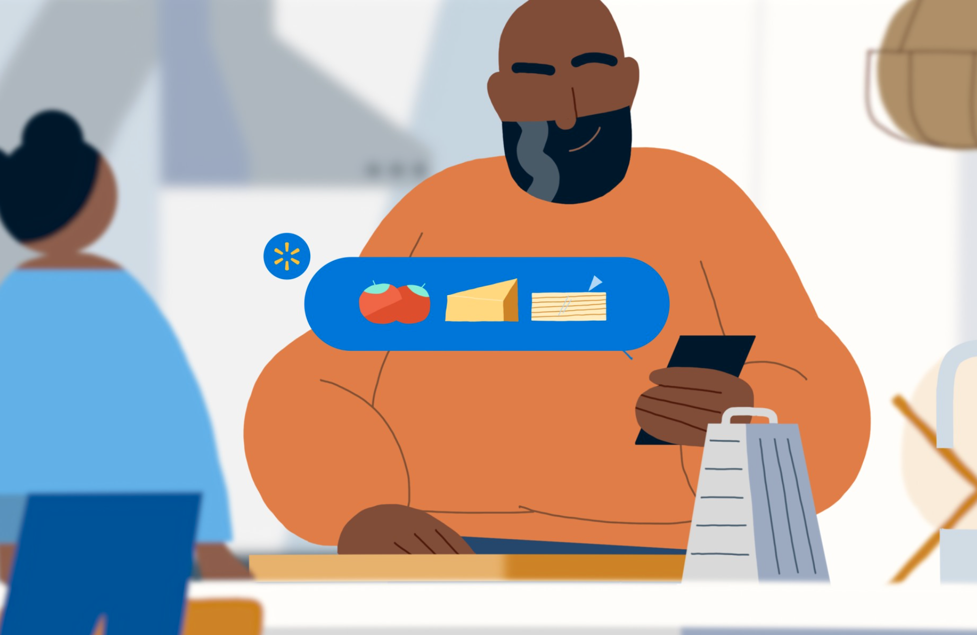 Illustration of a shopper at a Walmart counter selecting groceries via mobile, anchored by the Walmart spark mark